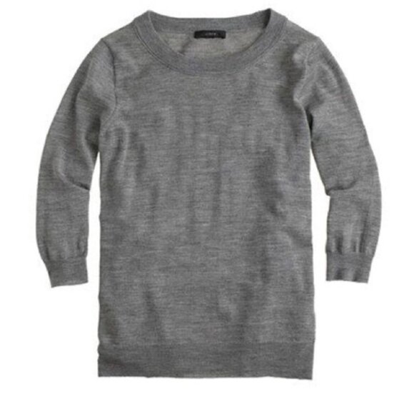 J. Crew 100% Merino Wool Tippi Sweater Size L Crewneck 3/4 Sleeve Gray Preppy - Picture 2 of 13